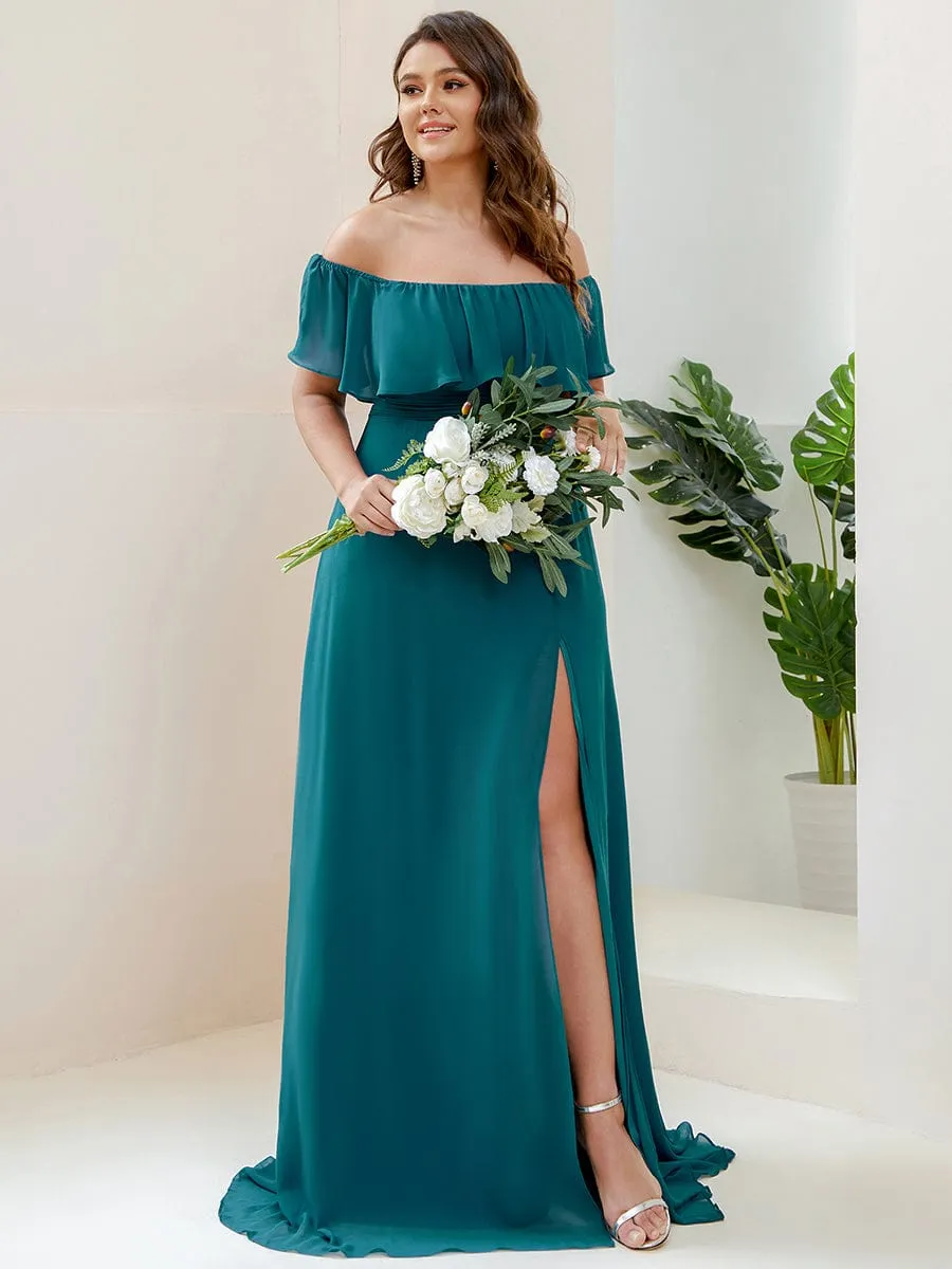 Custom Size Chiffon Ruffle Off Shoulder Thigh Slit Bridesmaid Dresses