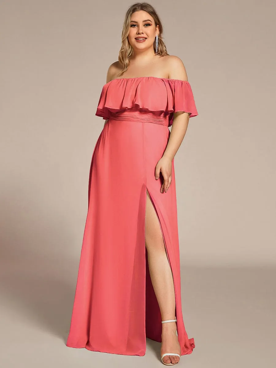 Custom Size Chiffon Ruffle Off Shoulder Thigh Slit Bridesmaid Dresses