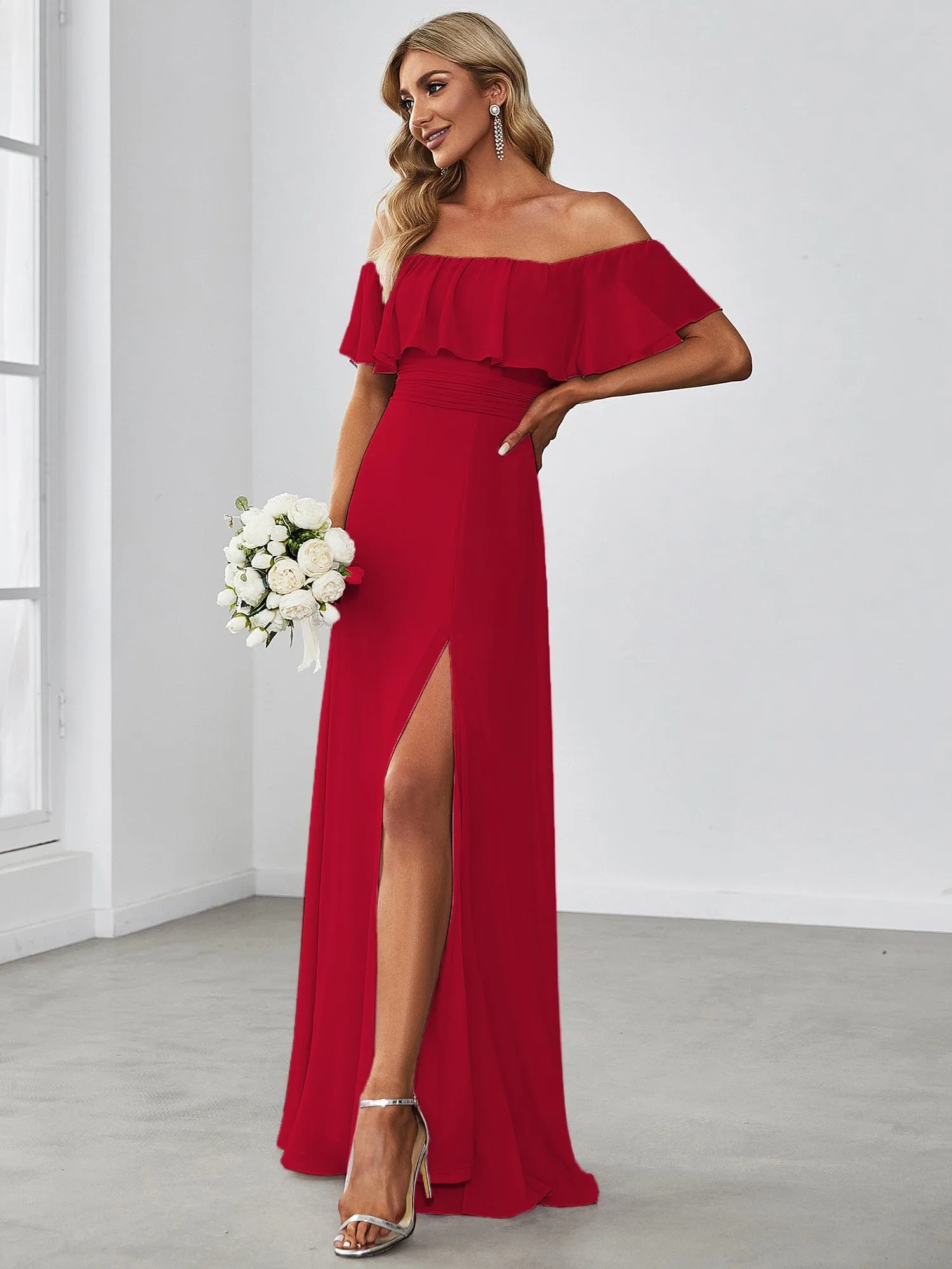 Custom Size Chiffon Ruffle Off Shoulder Thigh Slit Bridesmaid Dresses