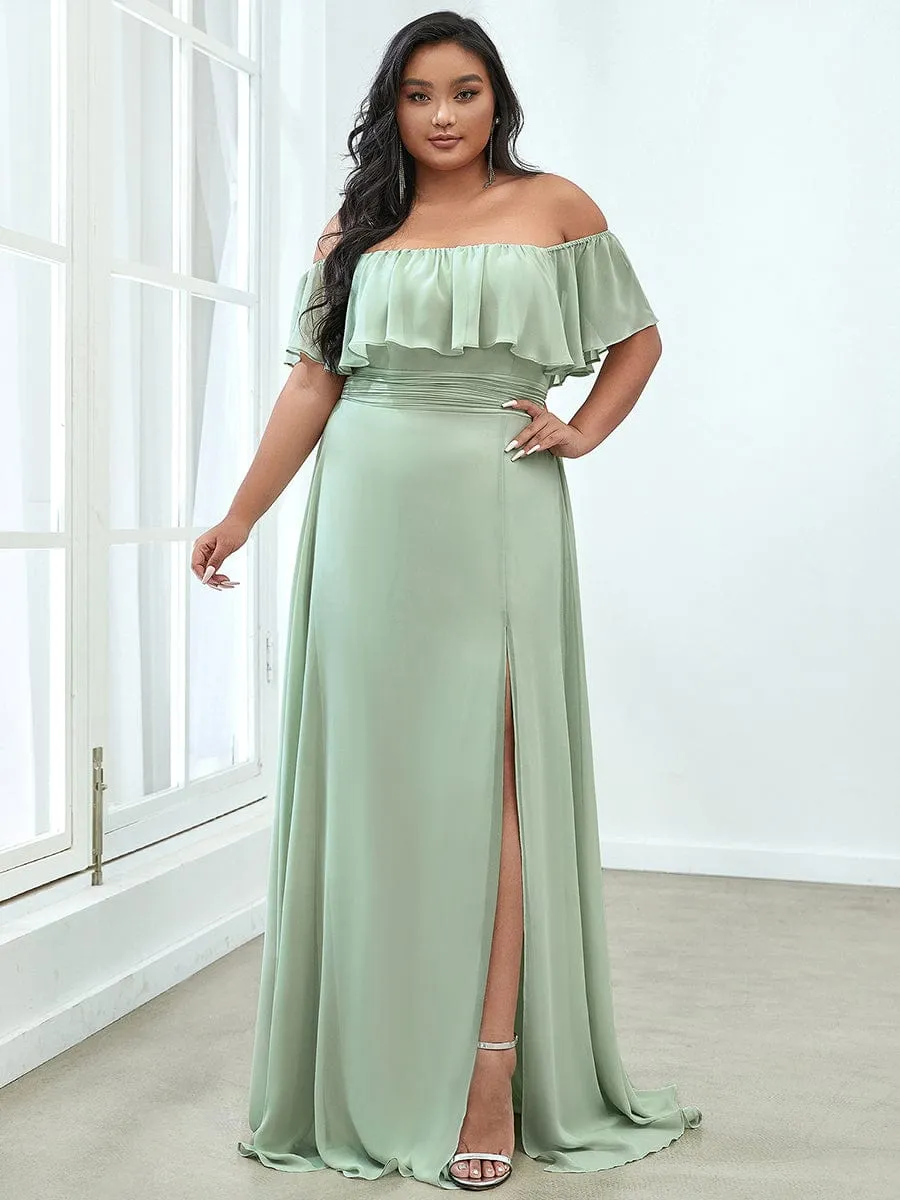 Custom Size Chiffon Ruffle Off Shoulder Thigh Slit Bridesmaid Dresses