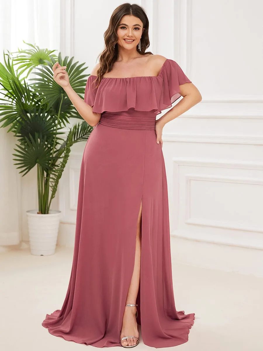 Custom Size Chiffon Ruffle Off Shoulder Thigh Slit Bridesmaid Dresses