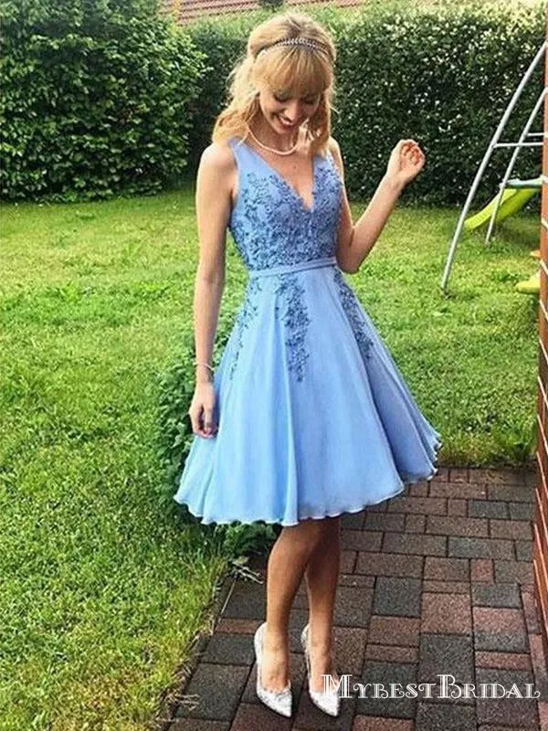 Cute A Line V Neck Blue Chiffon Short Cheap Homecoming Dresses with Applique, TYP0069