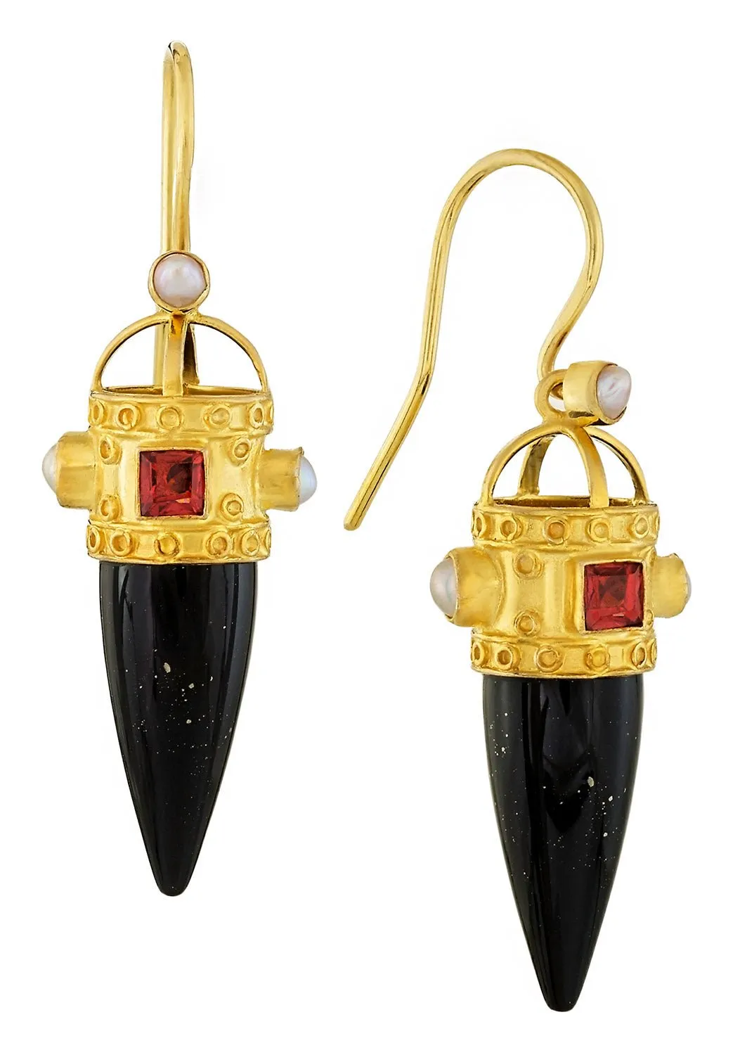 Czarina Onyx, Garnet and Pearl Earrings