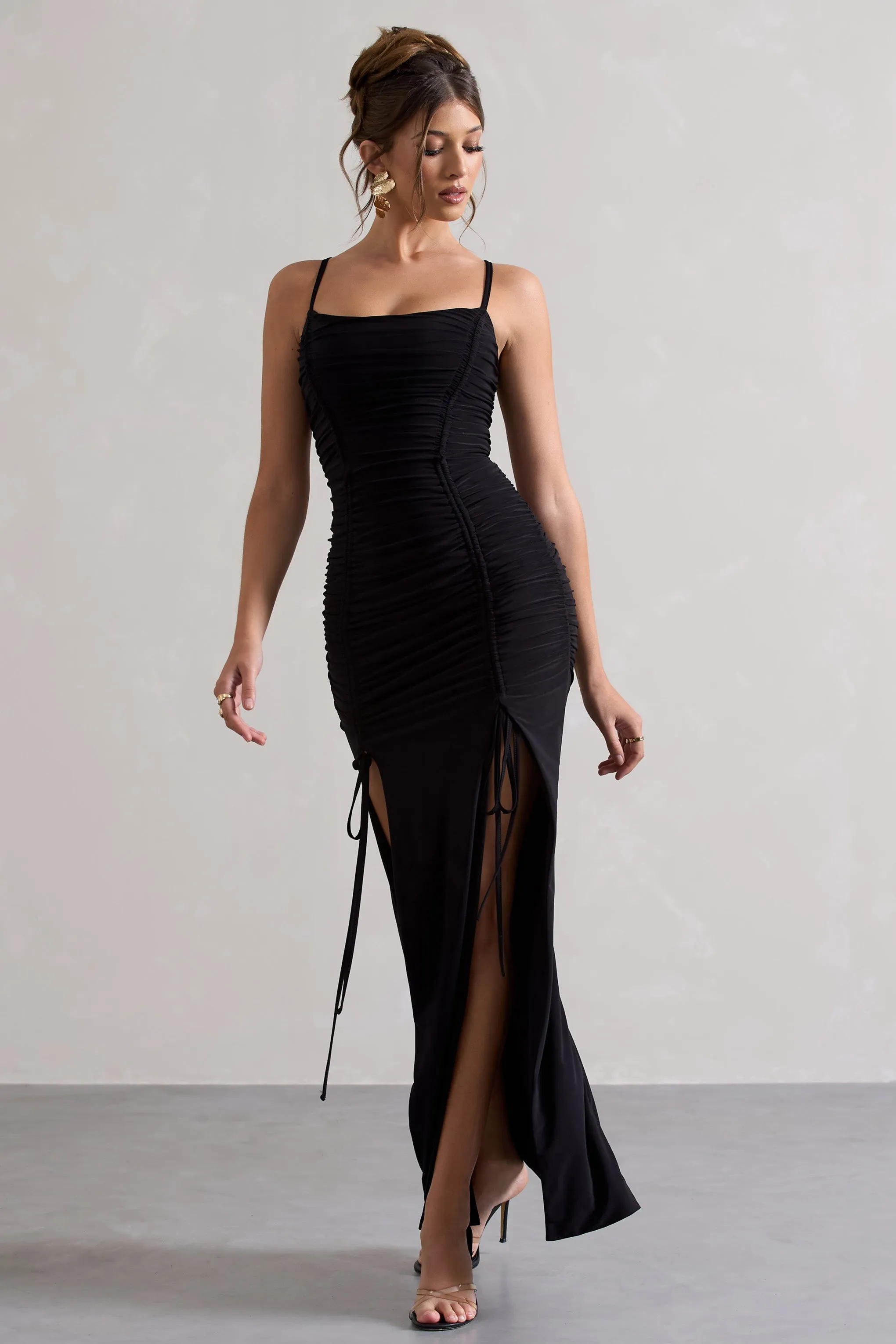 Devon | Black Ruched Strappy Maxi Dress With Splits