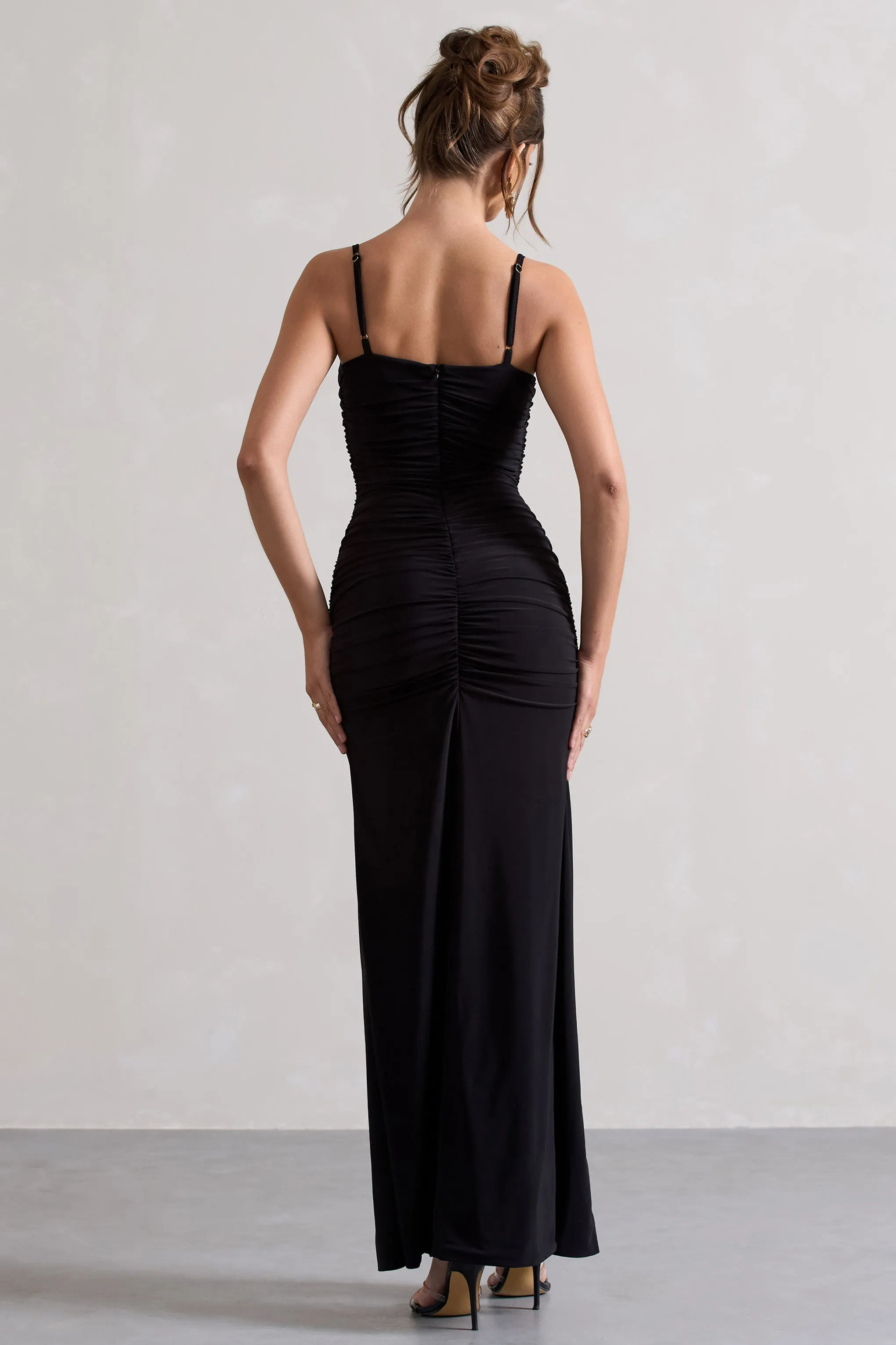 Devon | Black Ruched Strappy Maxi Dress With Splits