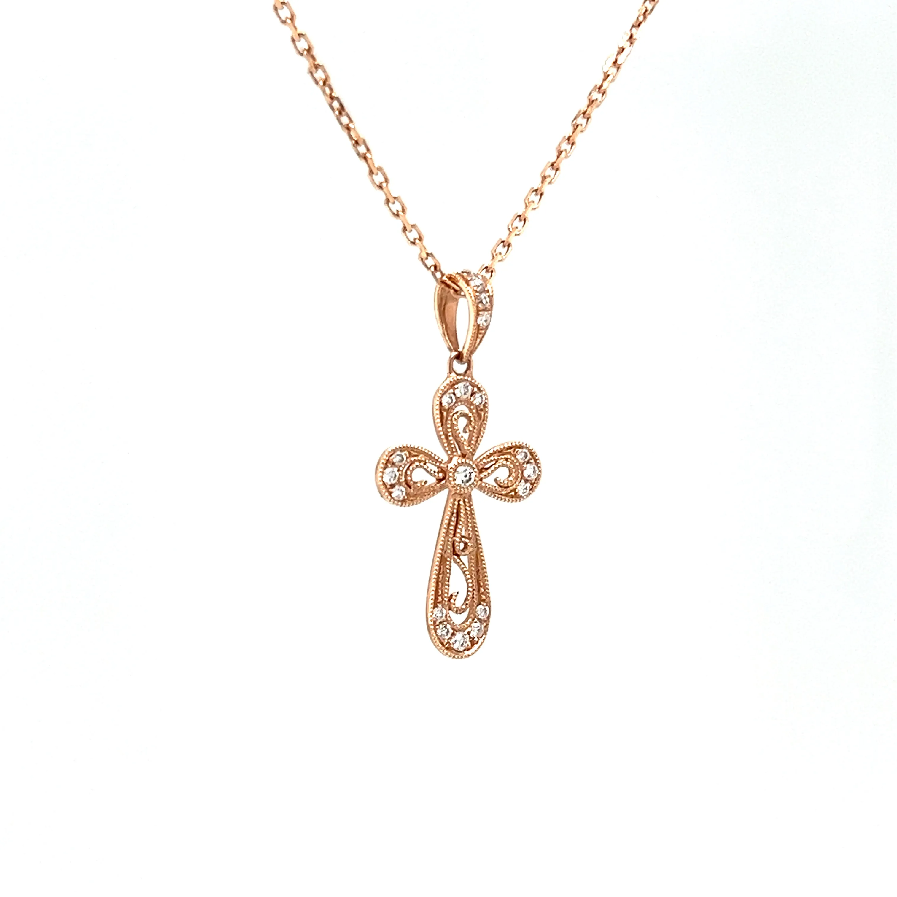 Diamond Cross Pendant with Milgrain Details in 14K Rose Gold