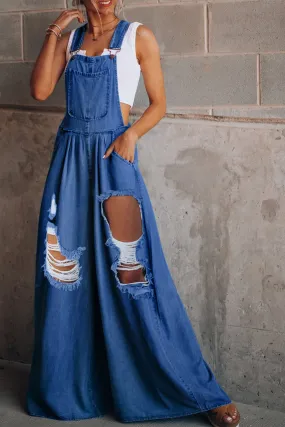 Distressed Wide Leg Denim Overalls (S 0- 2X)