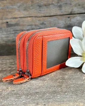 Double Zipped Leather Card Holder Purse - Orange