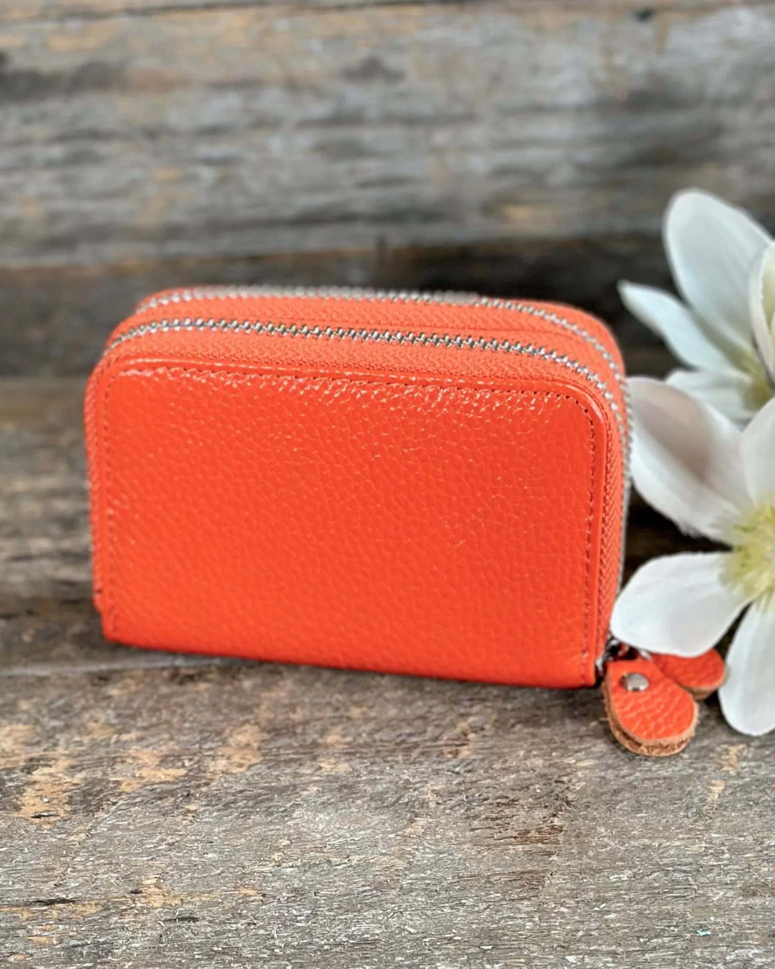 Double Zipped Leather Card Holder Purse - Orange