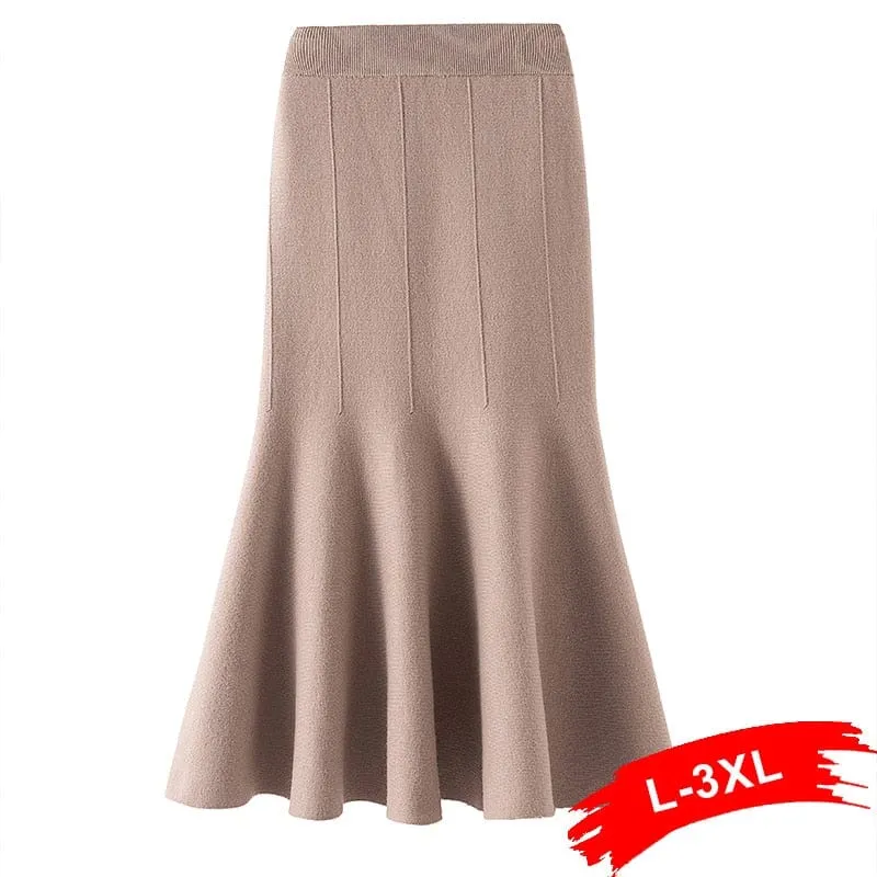 Elegant High Waist Solid Fitted Knitted Skirts - L-3XL