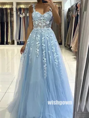 Elegant Light Blue Lace Top Tulle Prom Dresses PG1245