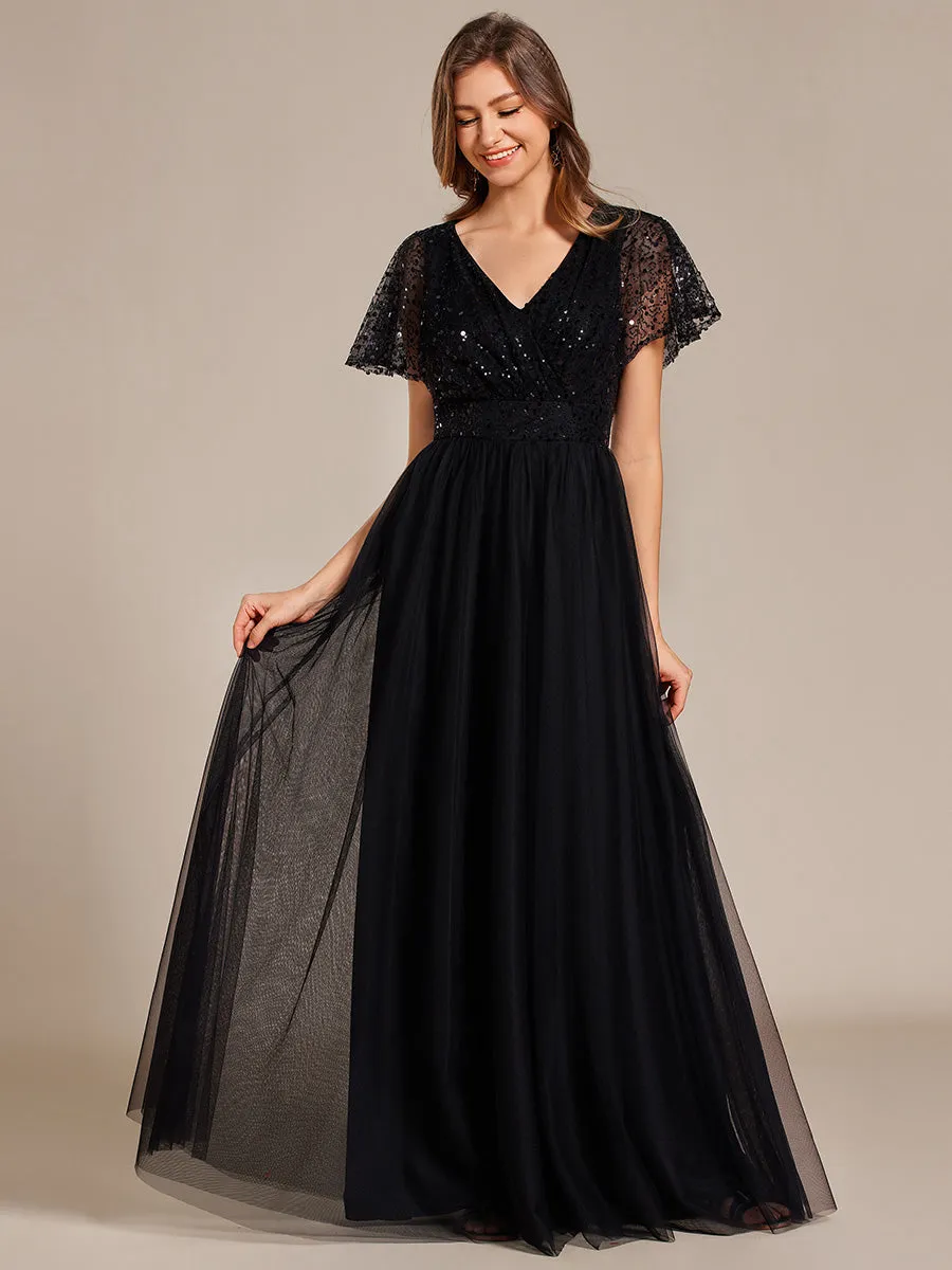 Elegant V Neck Ruffles Sleeve A-Line Empire Waist Tulle Dresses with Paillette