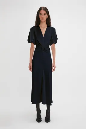 Exclusive Gathered V-Neck Midi Dress In Navy