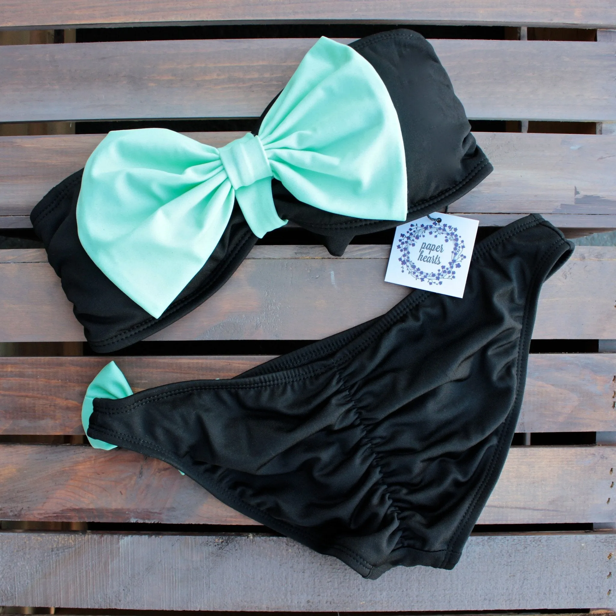 Final Sale - Dippin Daisy - Black & Mint Bow Bikini Set