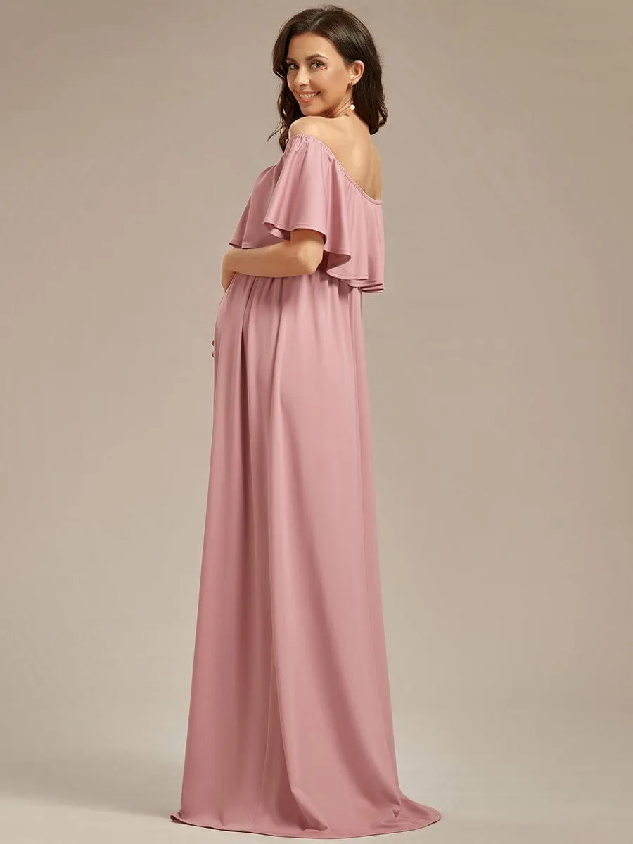 Flattering A-Line Maternity Dress with Off-Shoulder Ruffle