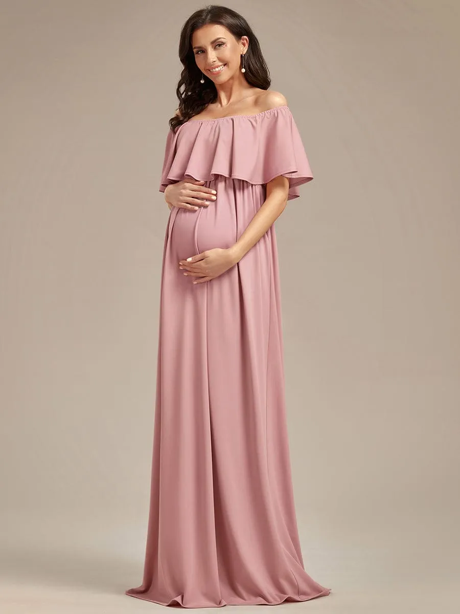 Flattering A-Line Maternity Dress with Off-Shoulder Ruffle