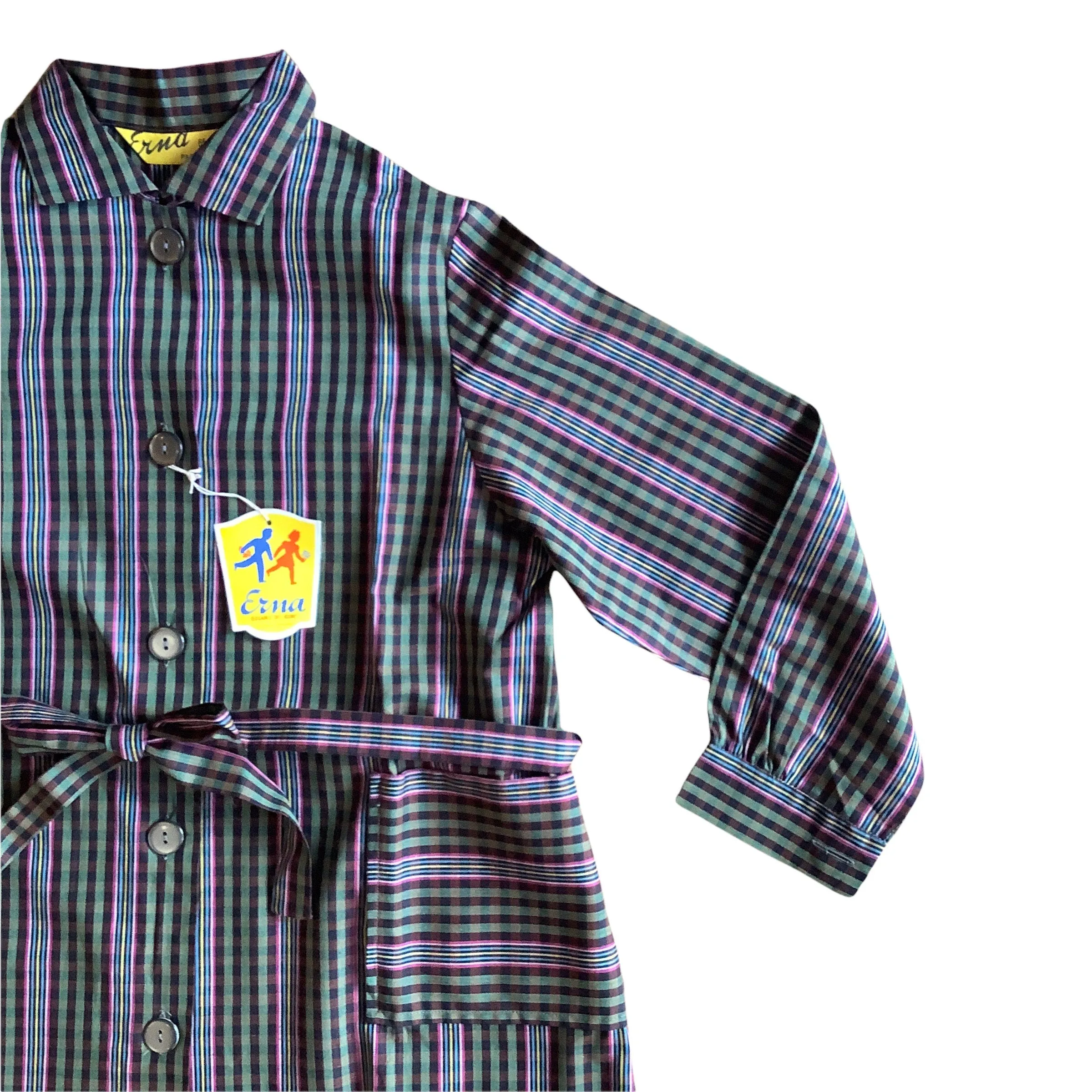 French Vintage 1970's Green Check Dress/ Blouse  / 6-8Y