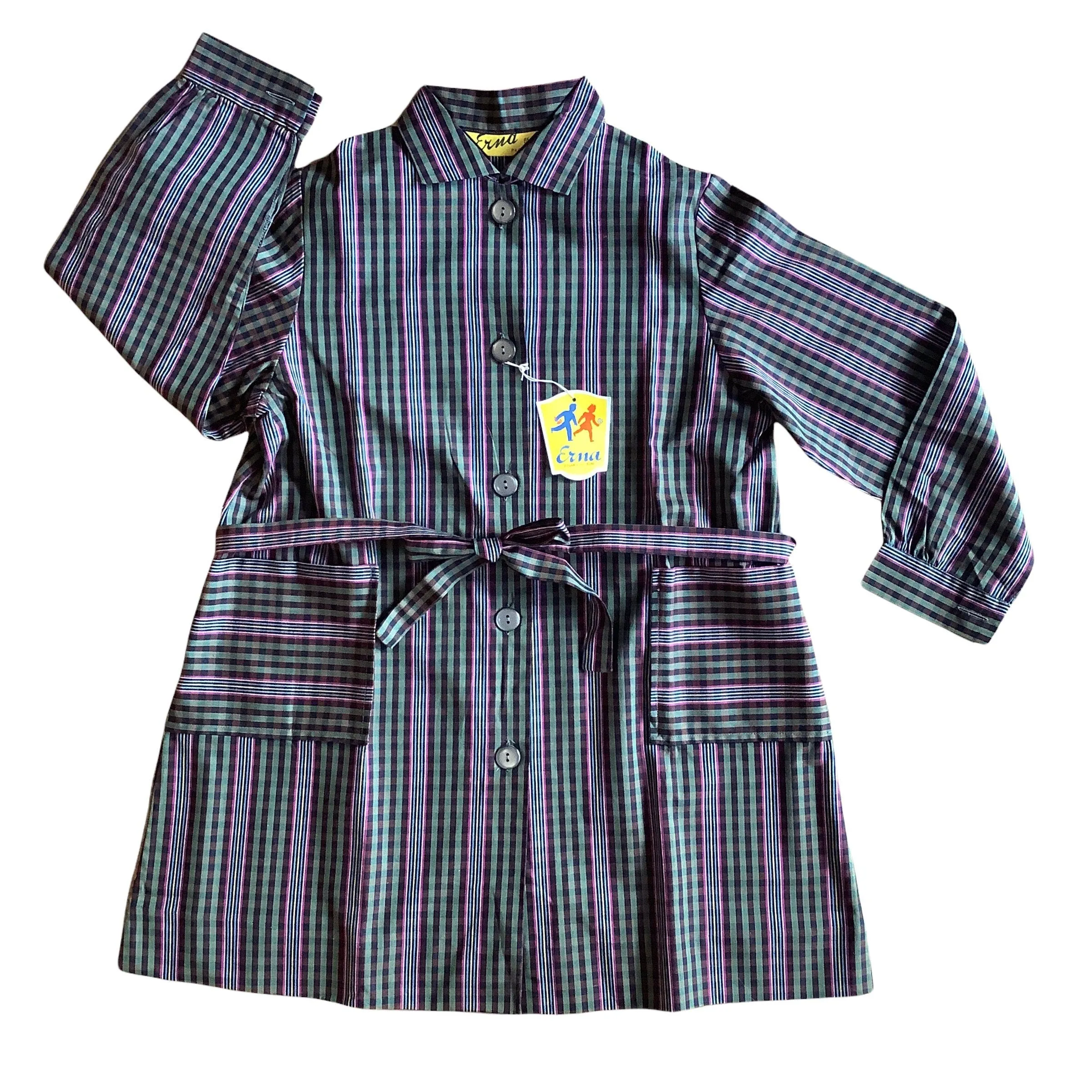 French Vintage 1970's Green Check Dress/ Blouse  / 6-8Y