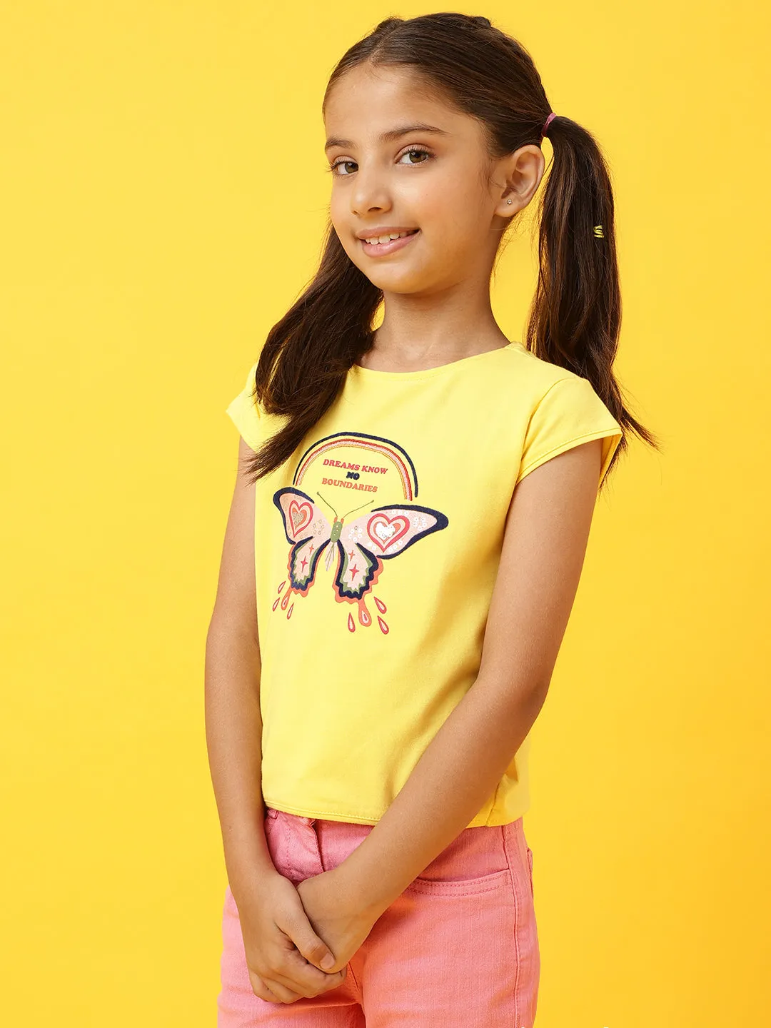 Girls Round Neck Yellow T-Shirt