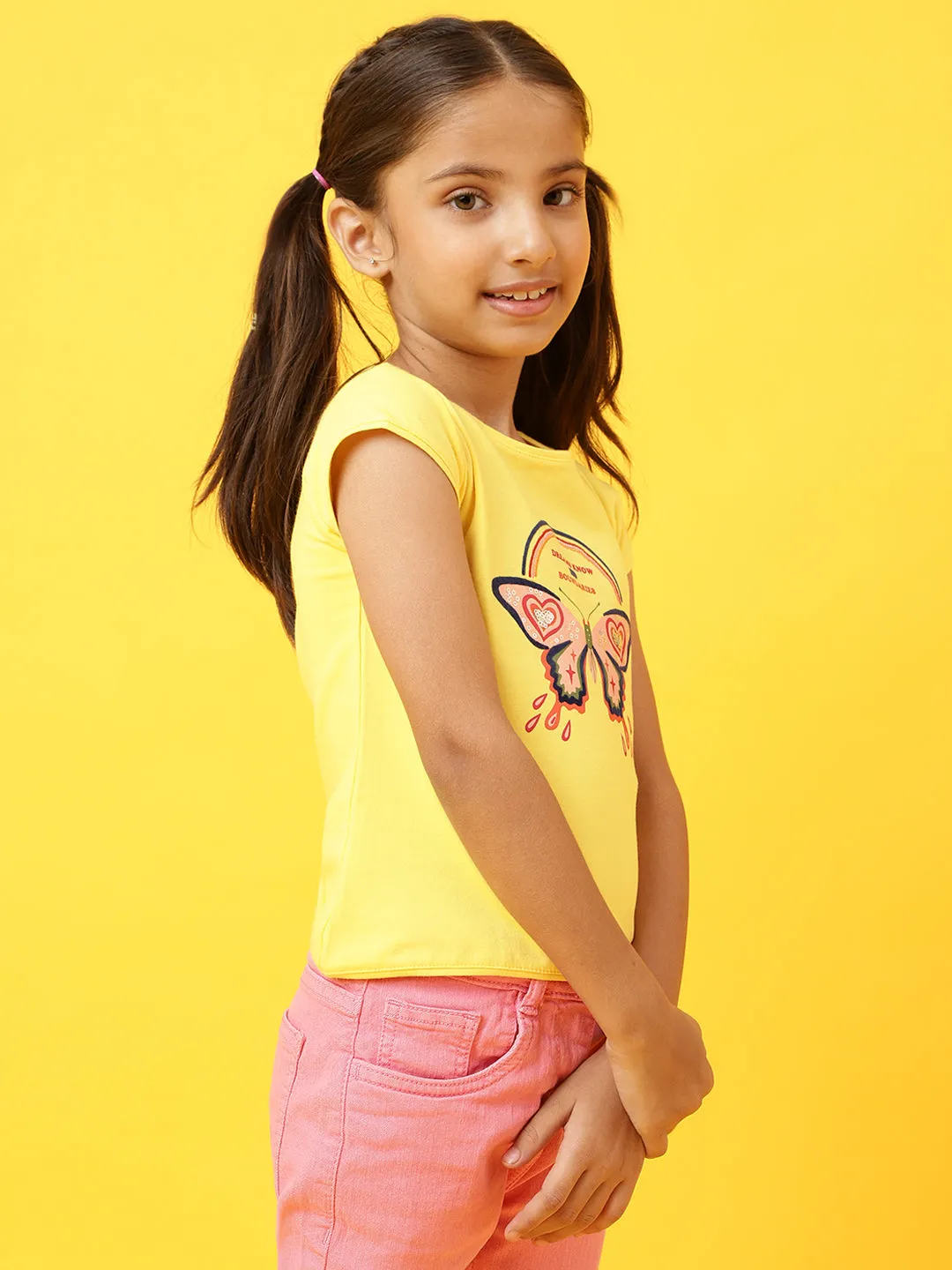 Girls Round Neck Yellow T-Shirt