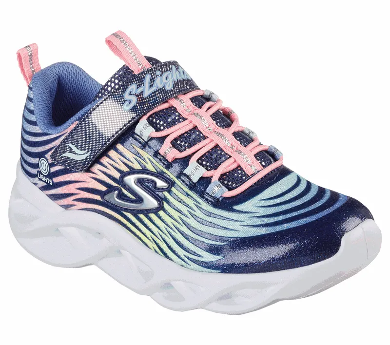 Girls Skechers Trainers Navy Multi Strap Light Up Twisty Brights 302321L NVMT sale