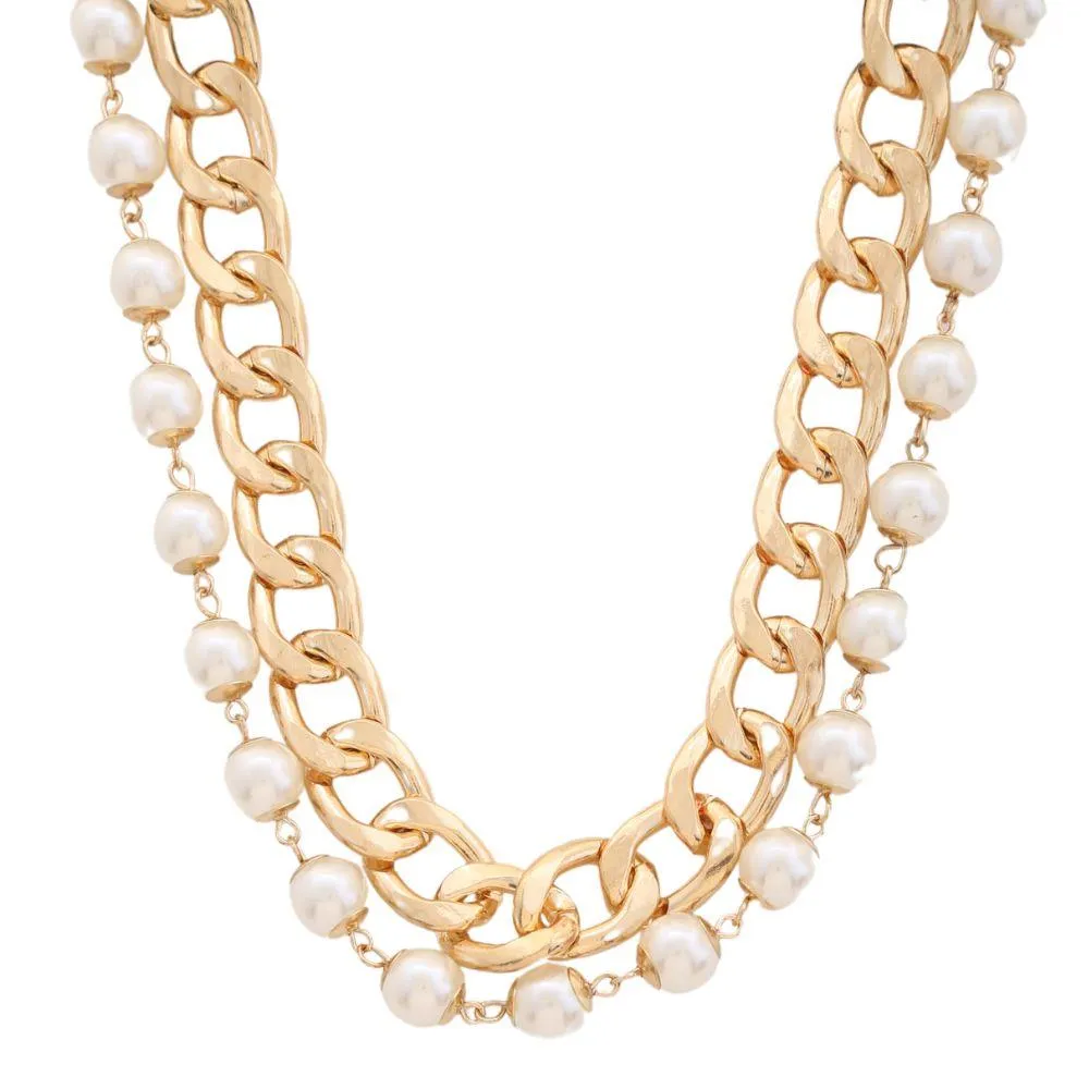 Gold Pearl & Curb Chain Statement Necklace