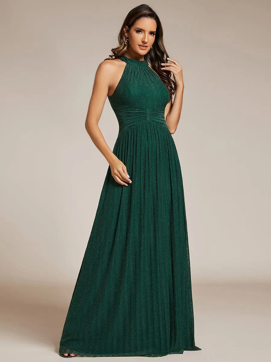 Halter Neck Pleated Glittery Formal Evening Dress with Empire Waist