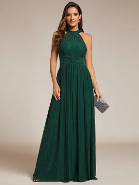 Halter Neck Pleated Glittery Formal Evening Dress with Empire Waist