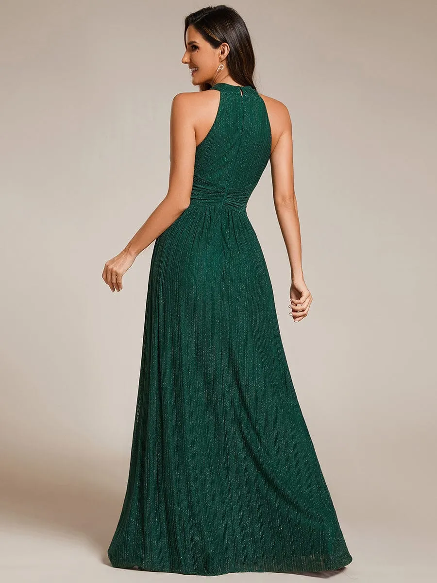 Halter Neck Pleated Glittery Formal Evening Dress with Empire Waist