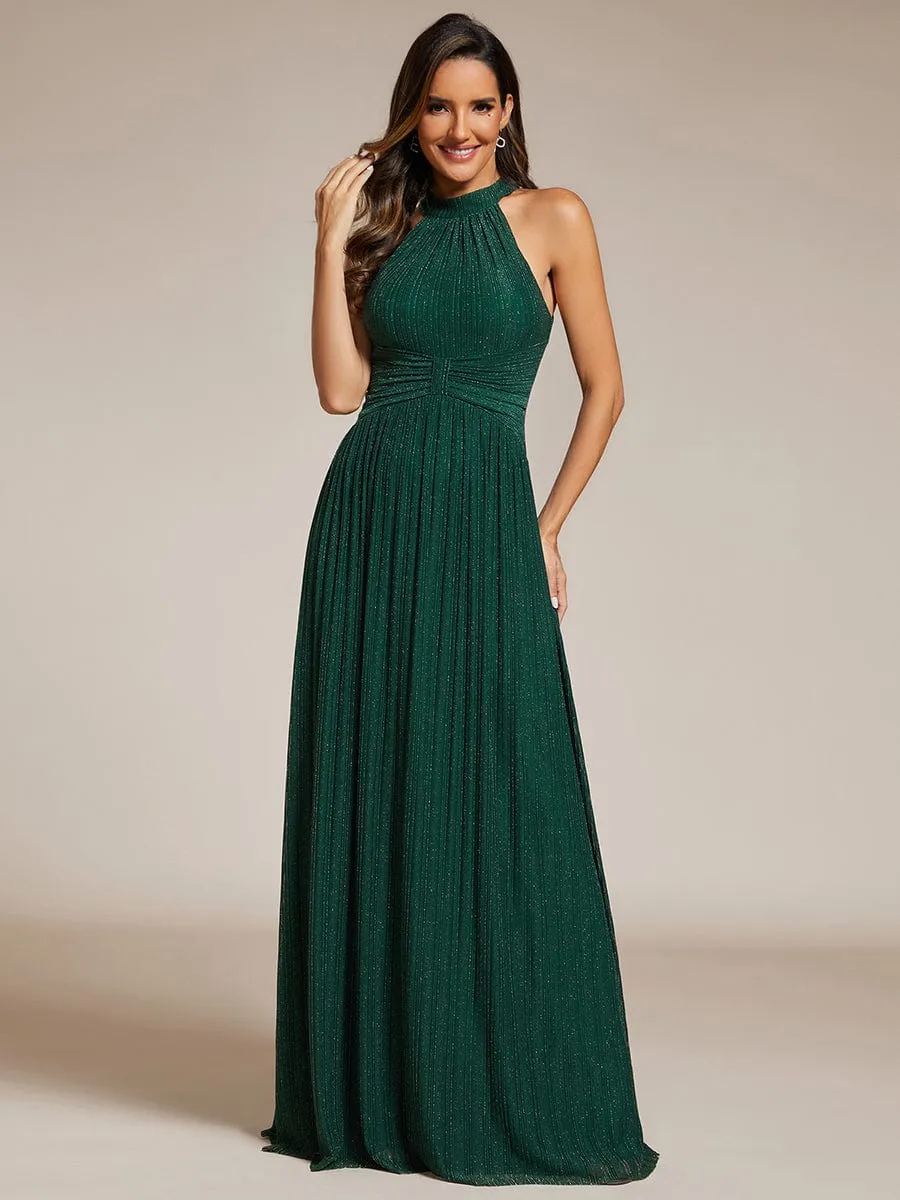 Halter Neck Pleated Glittery Formal Evening Dress with Empire Waist