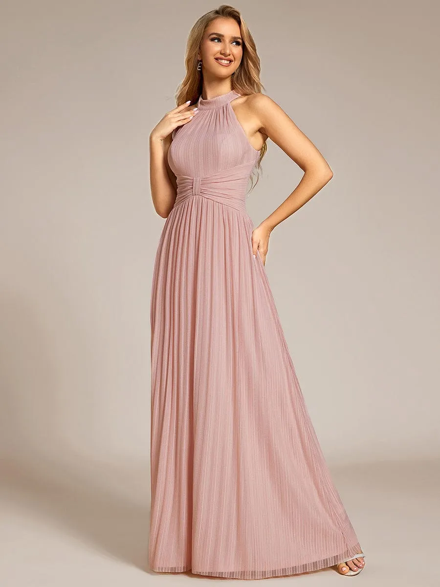 Halter Neck Pleated Glittery Formal Evening Dress with Empire Waist