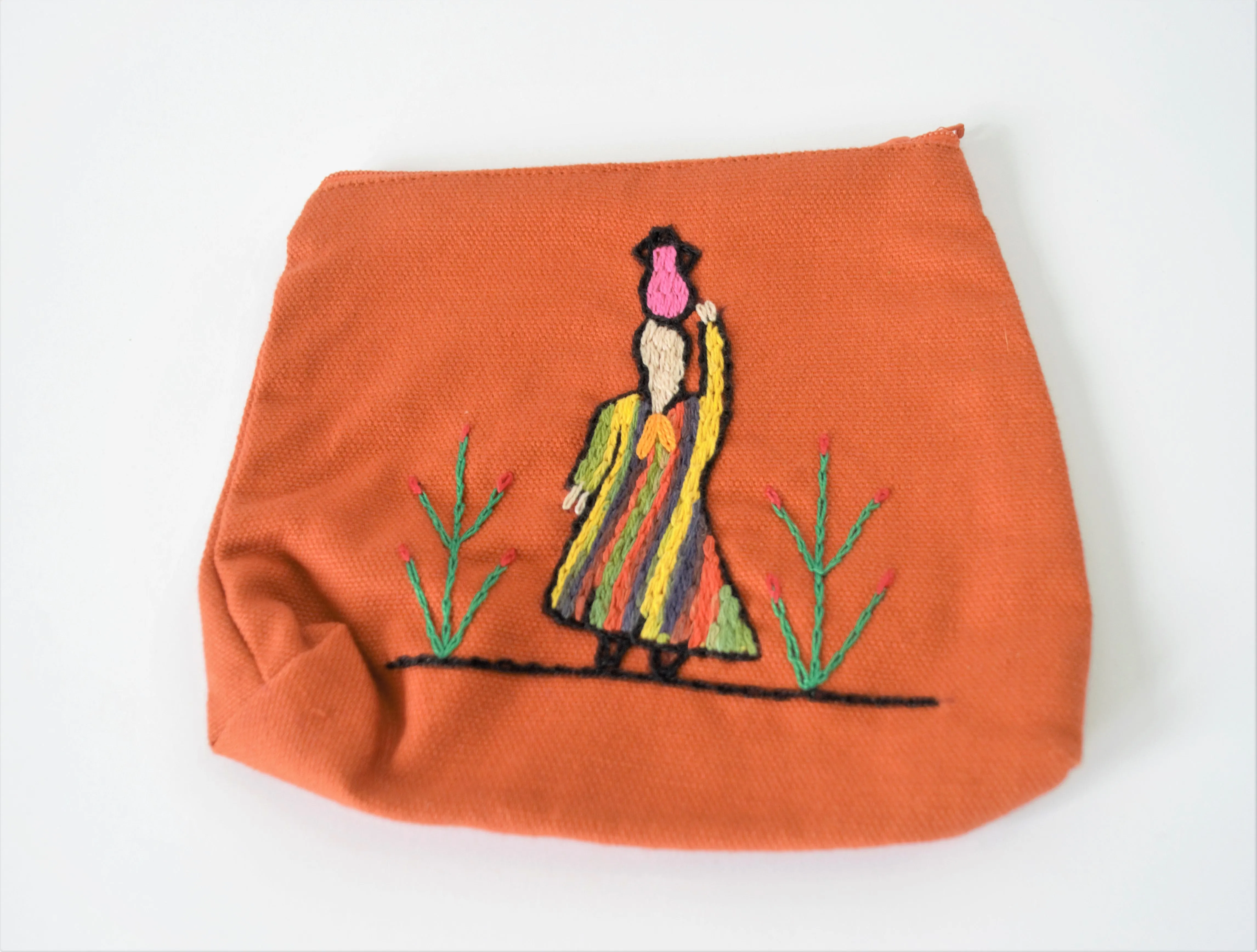 Hand embroidered purse, Folklore art, Eco cotton bag (Woman carrying water)