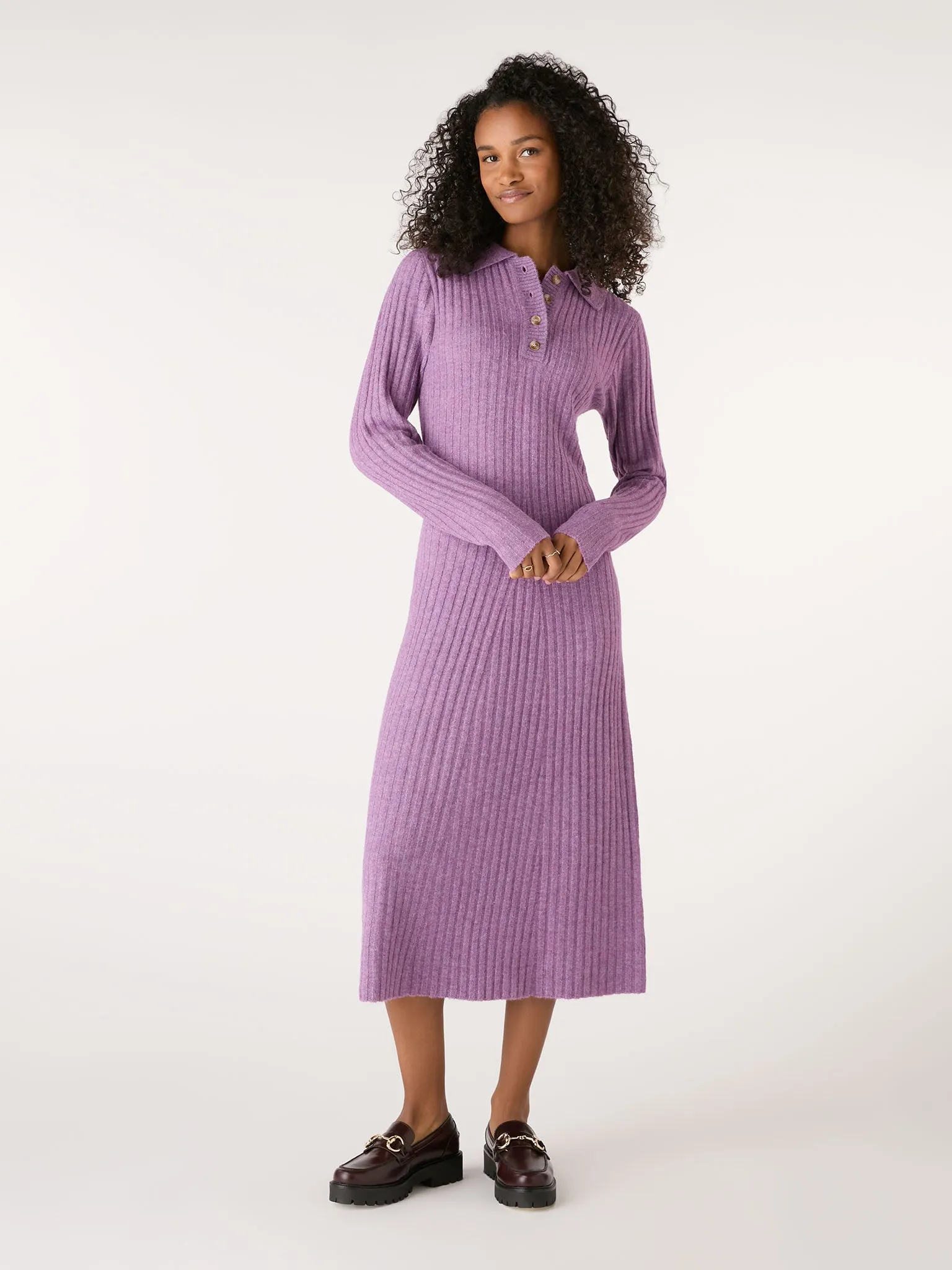 Henley Ribbed Placket Dress in Purple