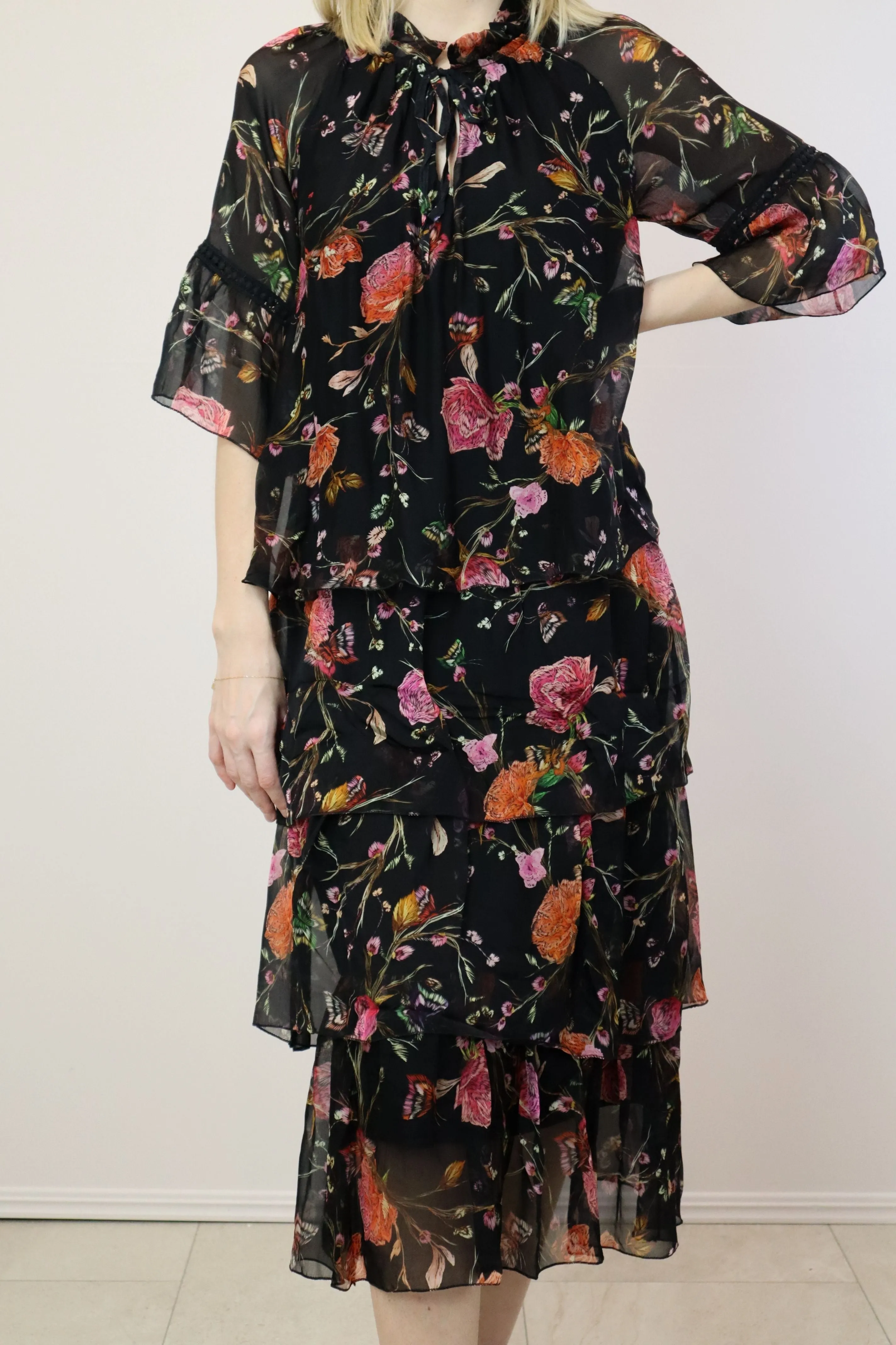 High Frilled Tied Collar Dress - Black/Orange Floral