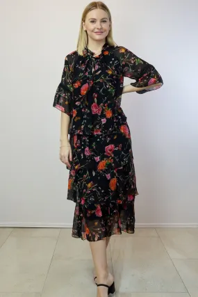 High Frilled Tied Collar Dress - Black/Orange Floral