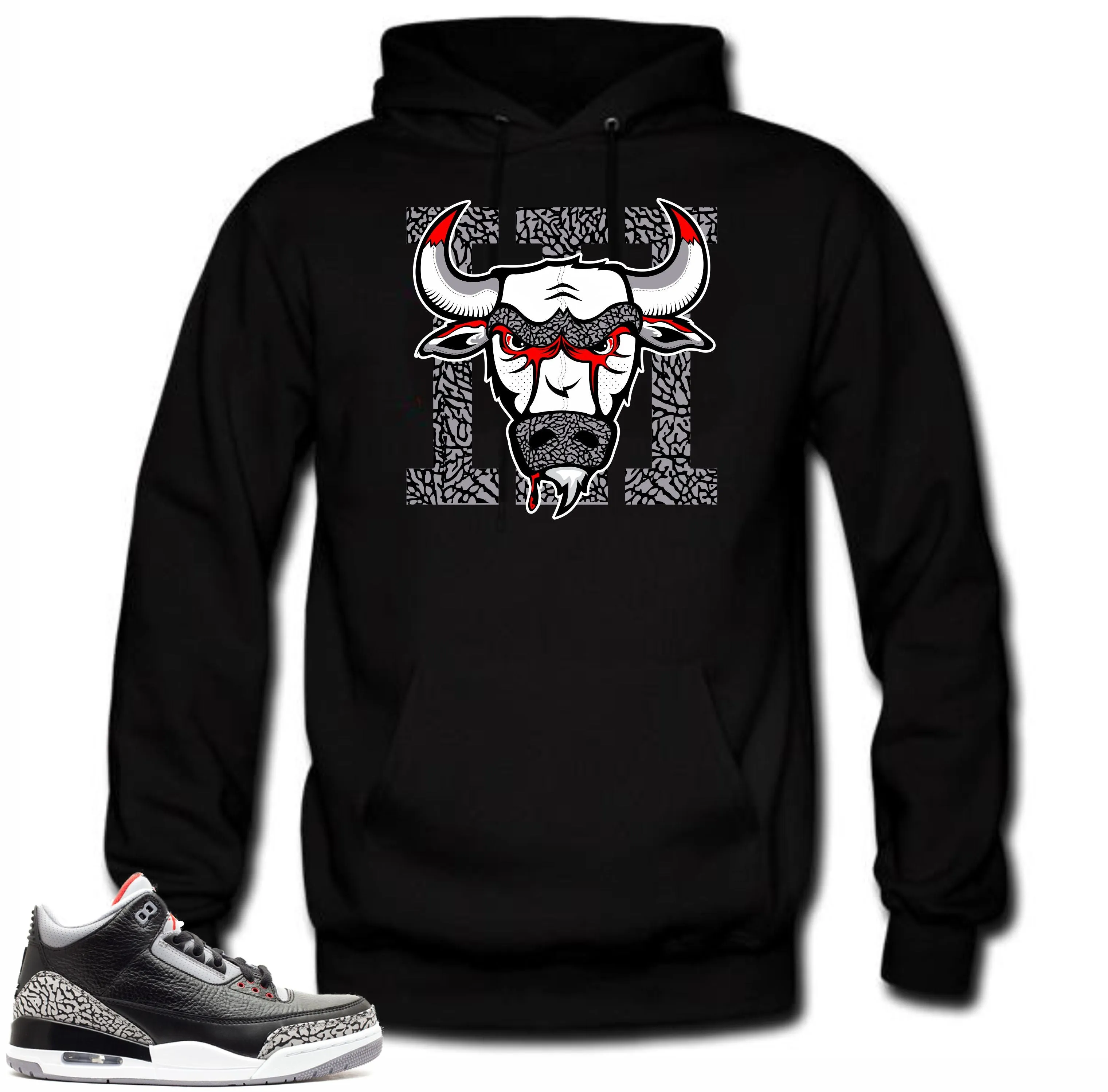 Jordan 3 Black Cement sneakers. Bull 3 Black Hoodie