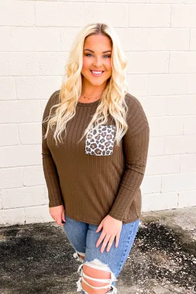 Just You Wait Leopard Pocket Top, Olive