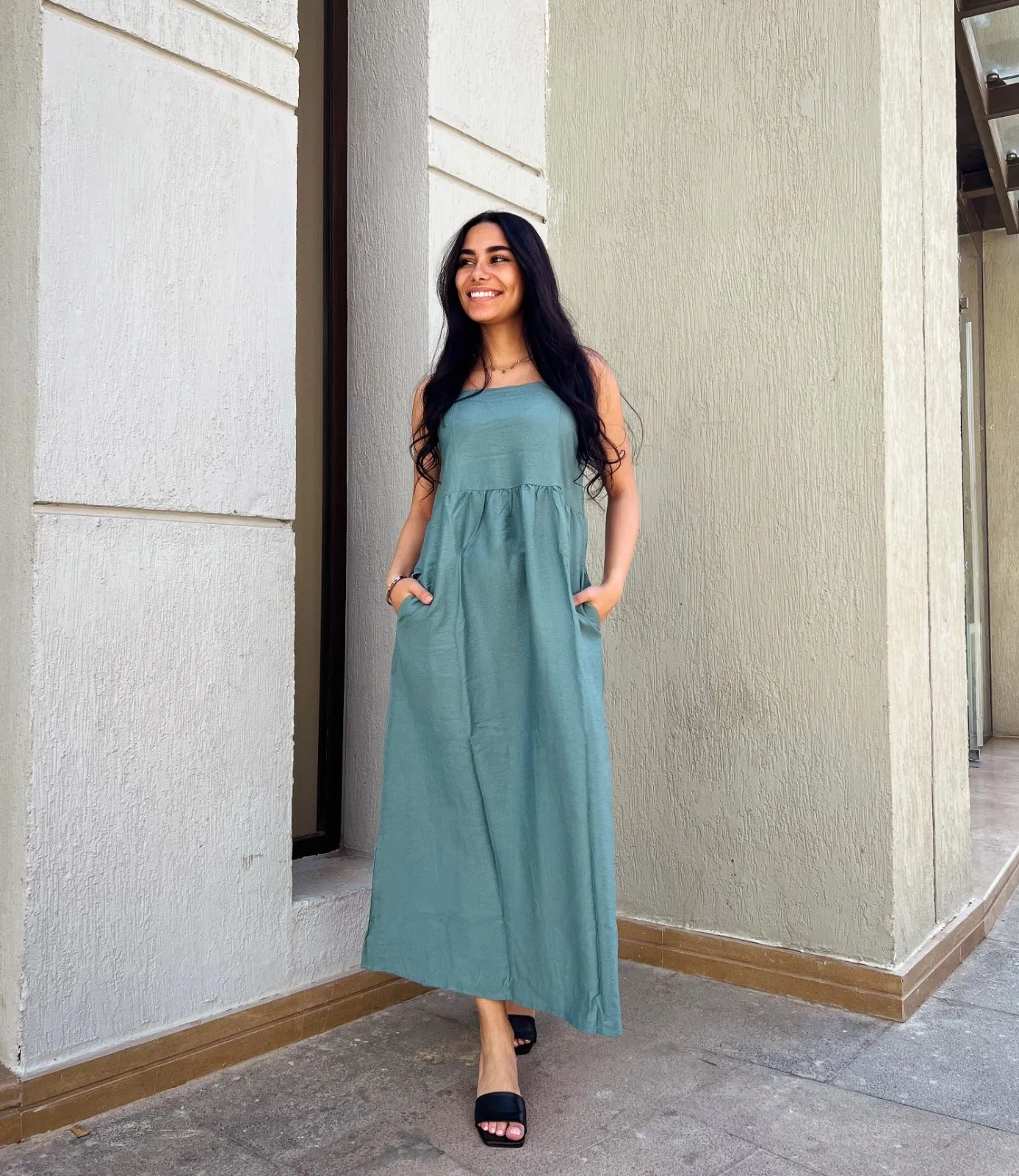 Linen Midi Dress Olive