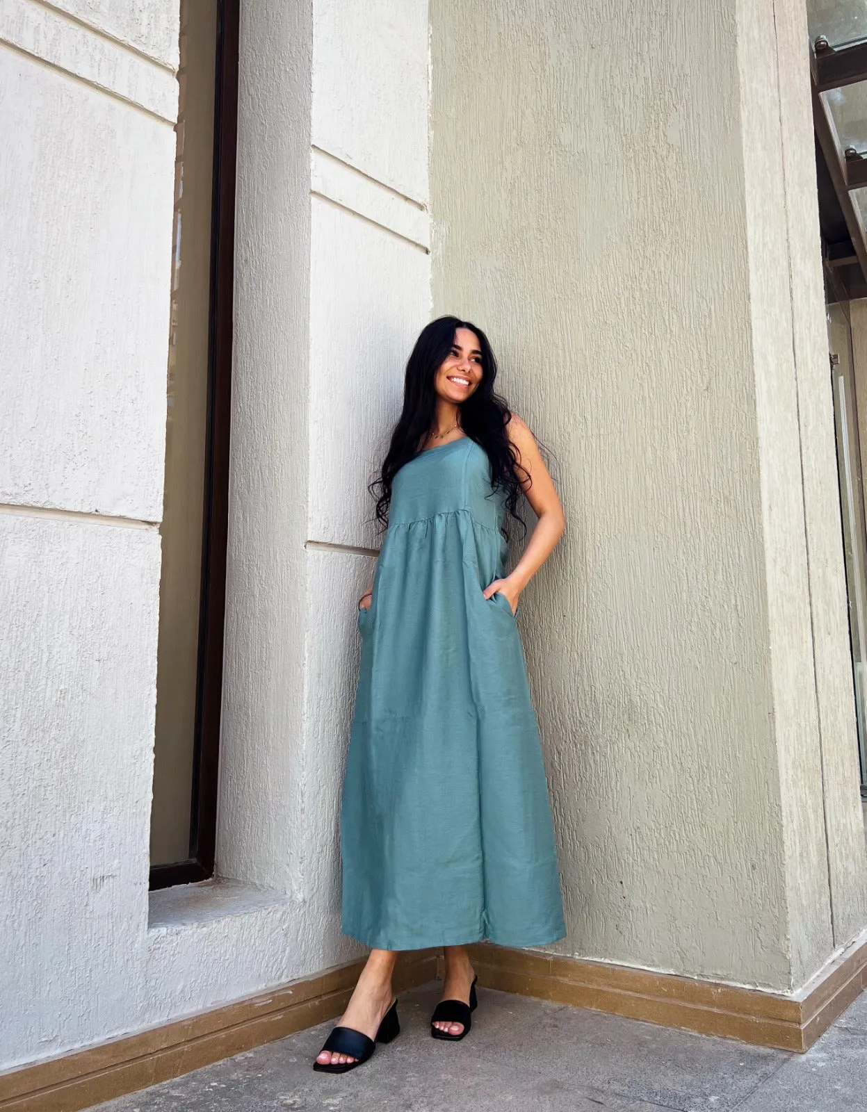 Linen Midi Dress Olive