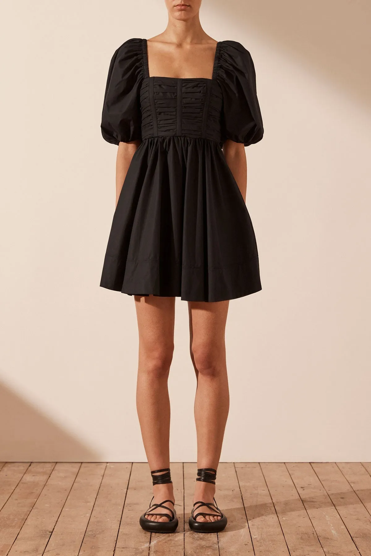 MAREVA SHORT SLEEVE RUCHED PANEL MINI DRESS - BLACK