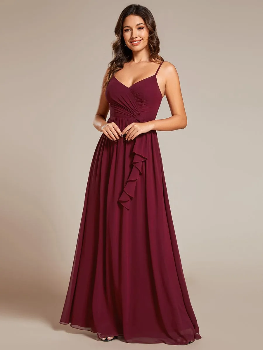 Maxi Sleeveless Pleated Chiffon Bridesmaid Dress with Lotus Leaf