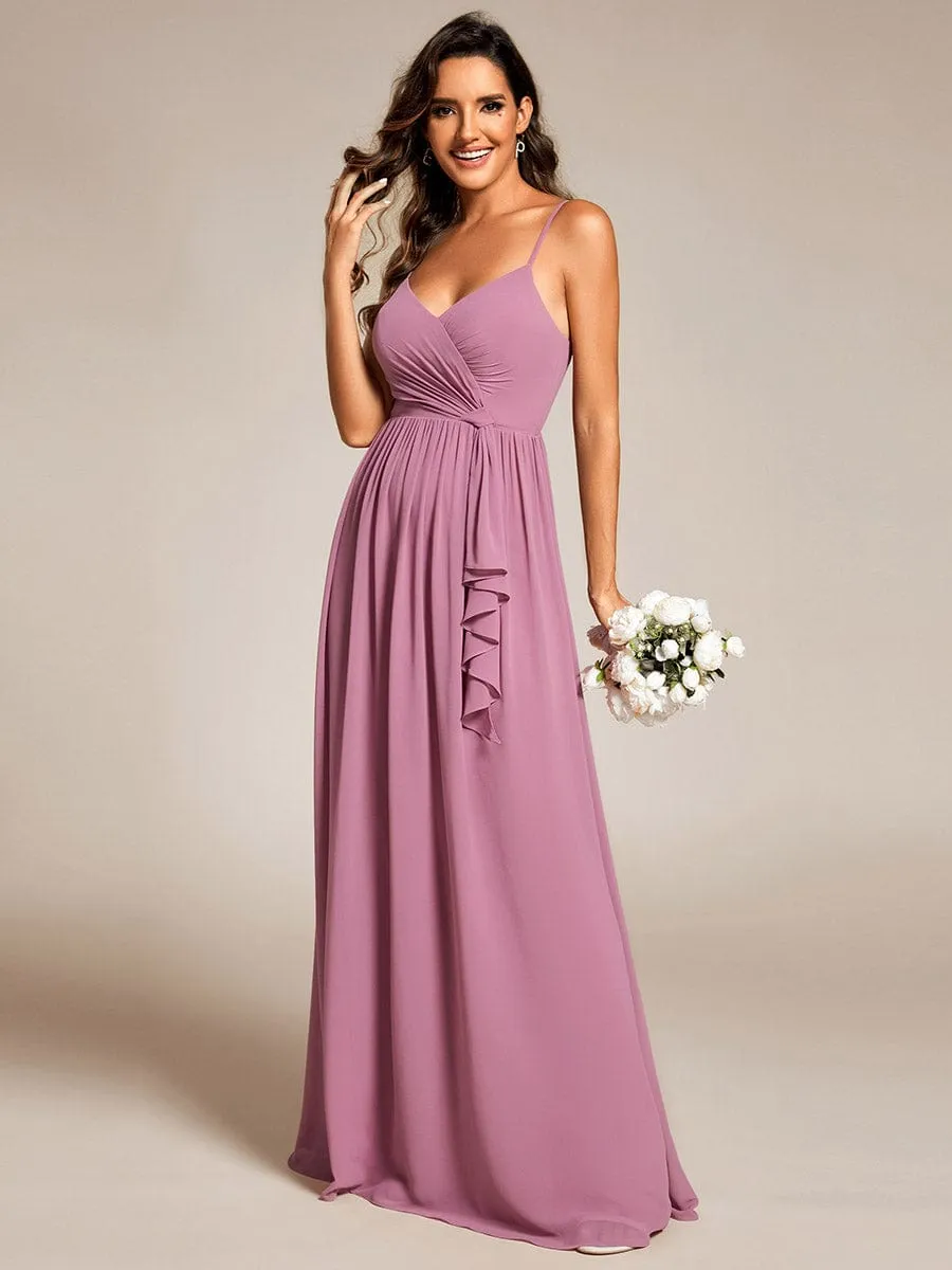 Maxi Sleeveless Pleated Chiffon Bridesmaid Dress with Lotus Leaf