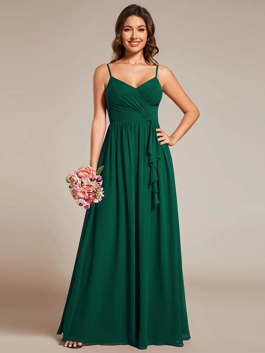 Maxi Sleeveless Pleated Chiffon Bridesmaid Dress with Lotus Leaf