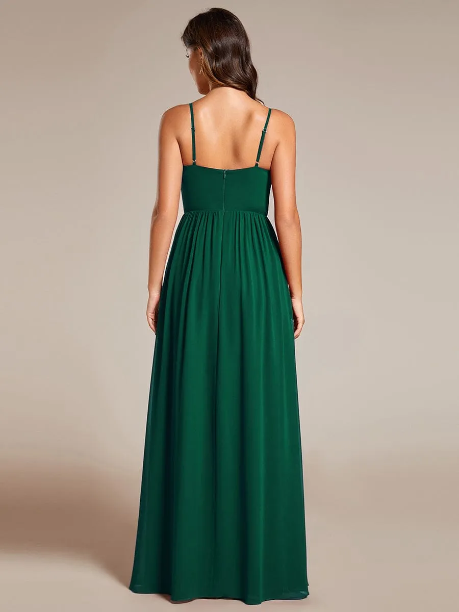 Maxi Sleeveless Pleated Chiffon Bridesmaid Dress with Lotus Leaf