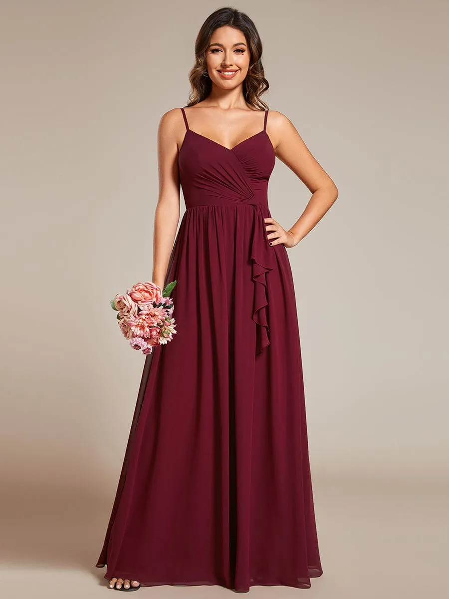 Maxi Sleeveless Pleated Chiffon Bridesmaid Dress with Lotus Leaf