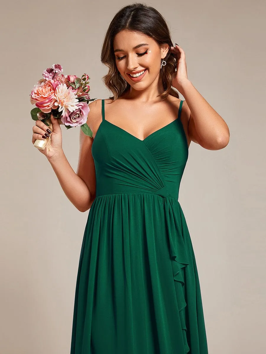 Maxi Sleeveless Pleated Chiffon Bridesmaid Dress with Lotus Leaf