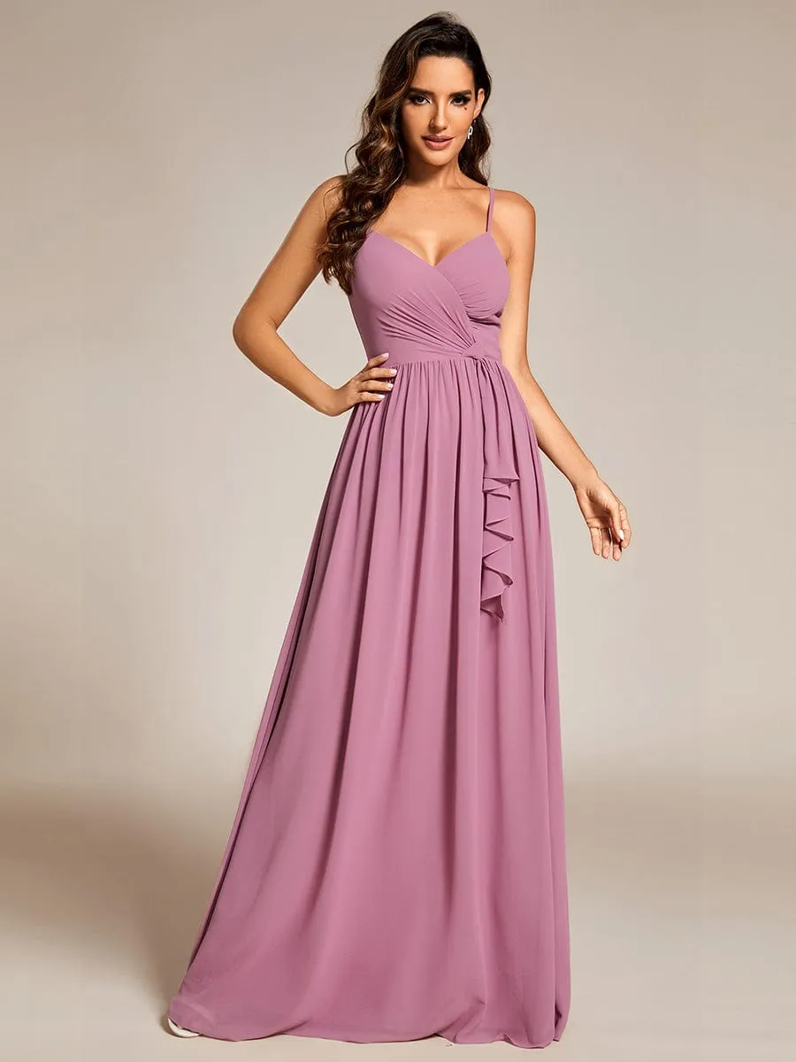 Maxi Sleeveless Pleated Chiffon Bridesmaid Dress with Lotus Leaf