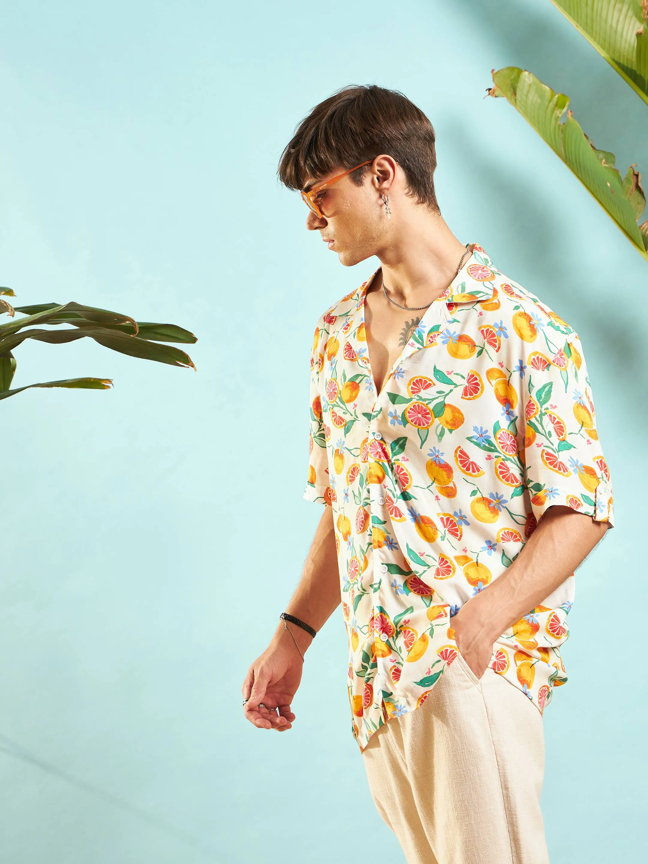 Men Beige Fruit Print Relax Fit Shirt