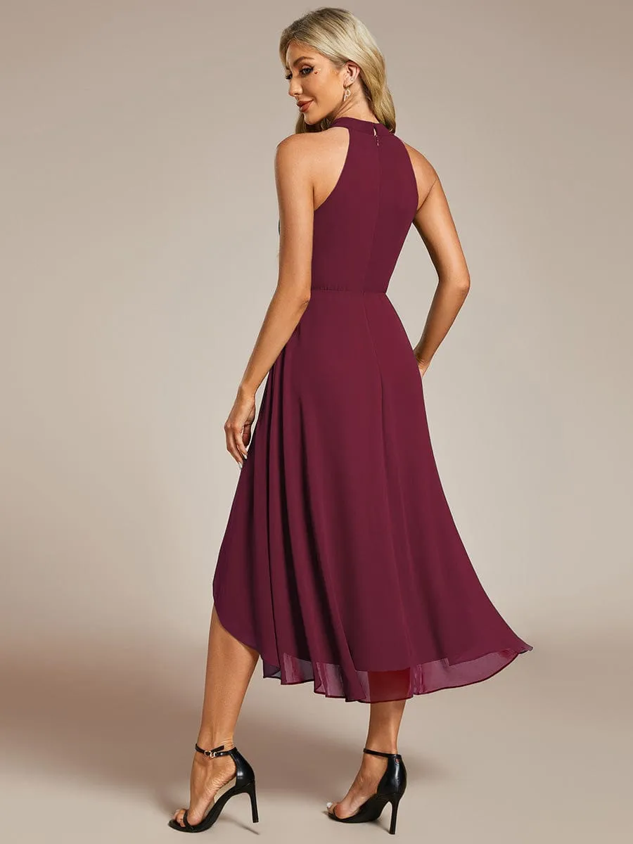 Midi Halter Neck Chiffon Wedding Guest Dress with Sleeveless and A-Line