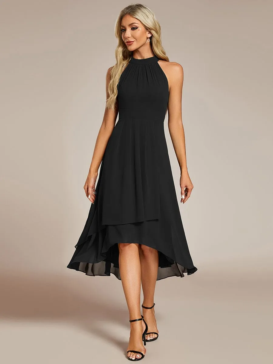 Midi Halter Neck Chiffon Wedding Guest Dress with Sleeveless and A-Line